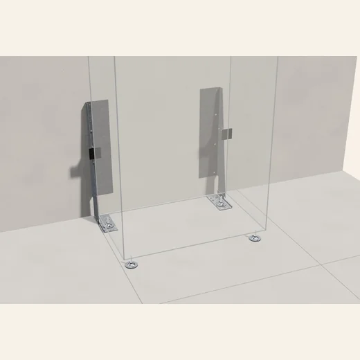 2 Wandkonsolen an der Betonwand, je 3 Wandschrauben; Fuß mit 2 Schrauben auf Teil B, keine Bodenschrauben